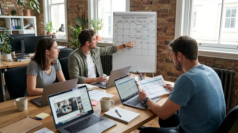 A marketing team gathered around a whiteboard planning AI-generated video campaigns and budgets