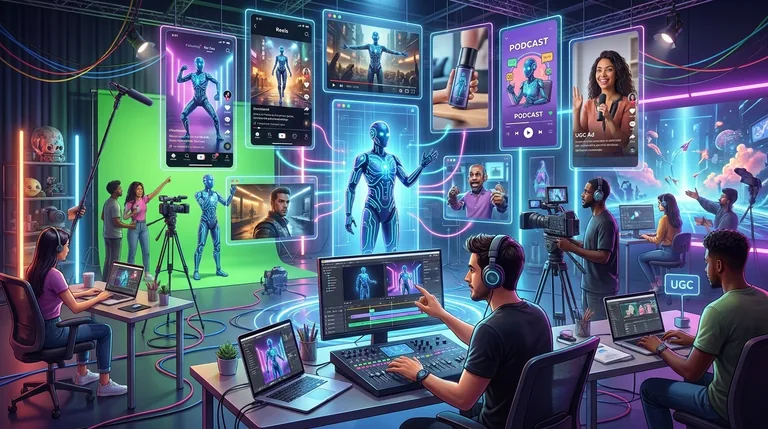 A creator at a studio workstation assembling AI character variations across multiple monitors