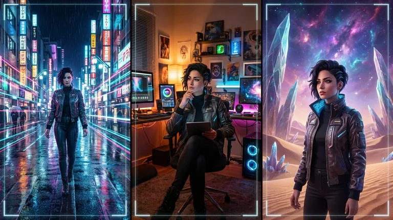 The same AI-generated character placed into three different scenes, illustrating character consistency across NuuMee generations