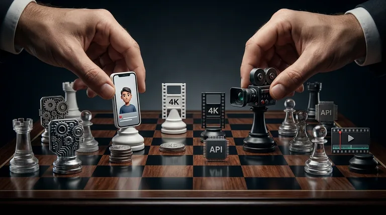 A chessboard with AI video tool logos arranged across the squares, framing NuuMee vs Runway as a strategic head-to-head