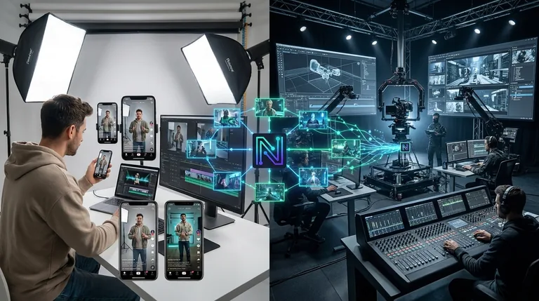 Side-by-side visualization of two AI video creation workflows — one simple and creator-focused, one complex and VFX-focused