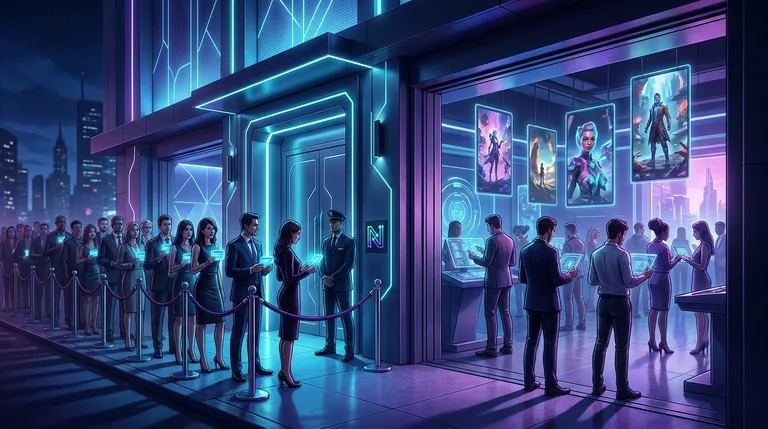 A row of AI video theater entrances, each gated behind a different ticket — visualizing Sora's access tiers and waitlist hurdles