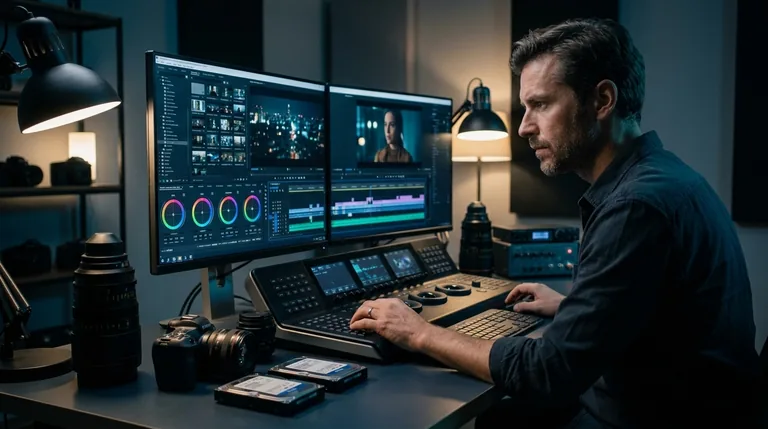 A filmmaker editing video in a studio — the audience choosing between Sora for storytelling and NuuMee for creator workflow speed